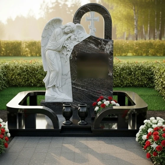 Мемориал с барельефом скорбящего ангела, гранит амфиболит
