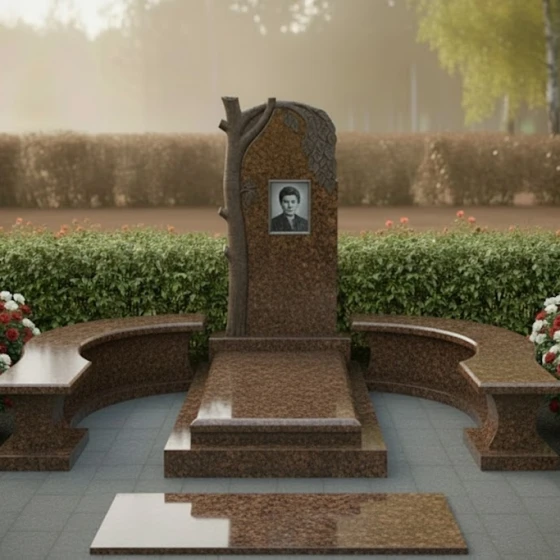 Памятник с резьбой в виде ветви дерева, гранит Дымовский