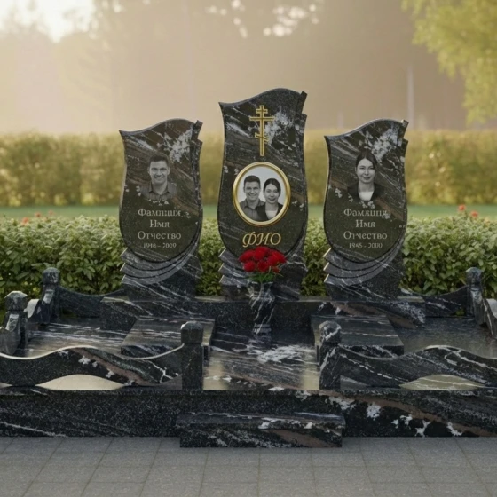 Православный тройной гранитный монумент, гранит амфиболит, в Якутске
