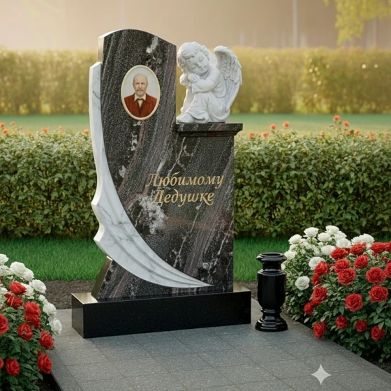 Памятник-книга с резными розами и православным крестом, гранит амфиболит