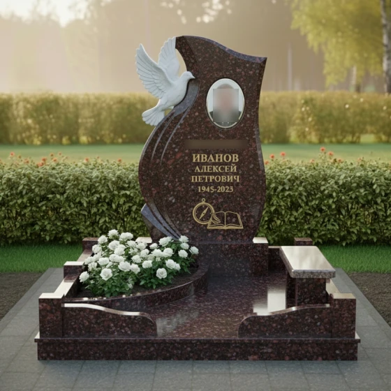 Памятник с барельефом голубя и встроенной скамьей, гранит амфиболит