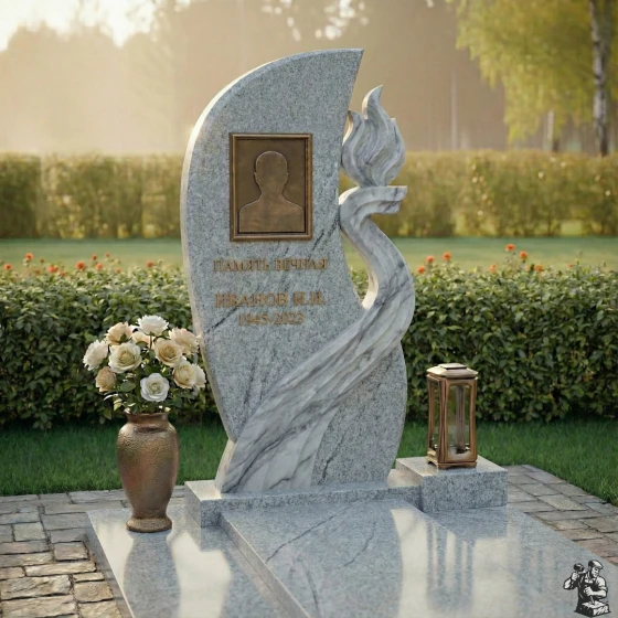 Мемориальная композиция с пламенем/лентой, комбинированная, гранит Мансуровский