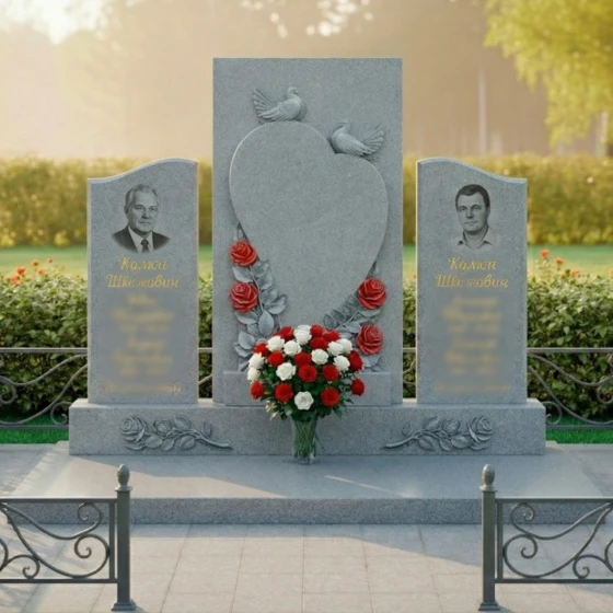 Гранитная мемориальная композиция с сердцем и голубями, гранит Мансуровский