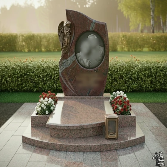 Памятник с барельефом ангела и цветниками, гранит Лезниковский, в Якутске