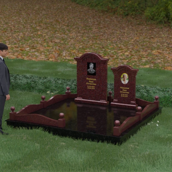 Вертикальный двойной гранитный памятник с купольными навершиями, гранит Лезниковский, вид 4