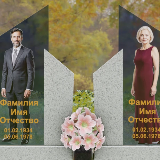 Памятник с вертикальными обелисками и V — образным вырезом, гранит Мансуровский, в Якутске