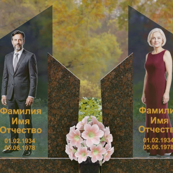 Памятник с вертикальными обелисками и V — образным вырезом, гранит Дымовский, в Якутске