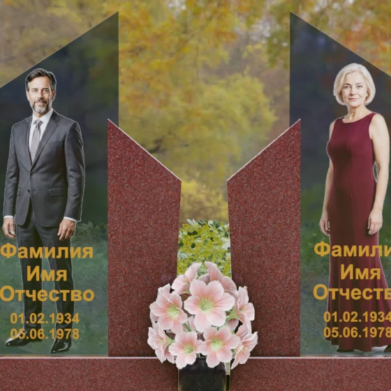 Памятник с вертикальными обелисками и V — образным вырезом, гранит Лезниковский, в Якутске