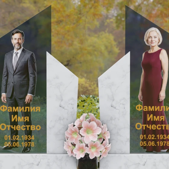 Памятник с вертикальными обелисками и V — образным вырезом, мрамор Тассос, в Якутске