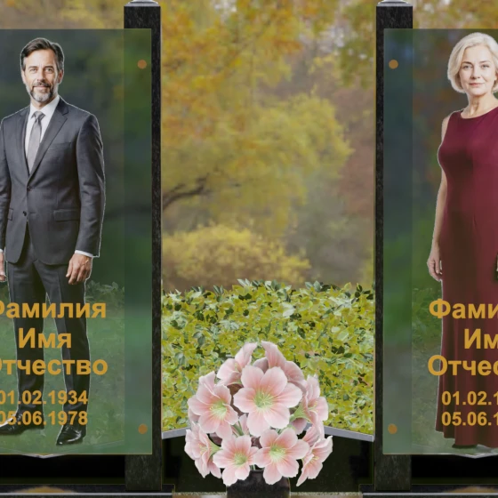 Вертикальный памятник из гранита со стеклянными панелями, гранит Габбро-диабаз, в Якутске