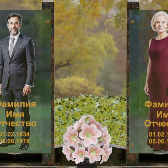 Вертикальный памятник из гранита со стеклянными панелями, гранит Дымовский, в Якутске