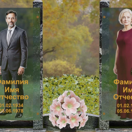 Вертикальный памятник из гранита со стеклянными панелями, гранит амфиболит, в Якутске