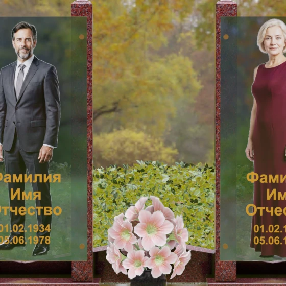 Вертикальный памятник из гранита со стеклянными панелями, гранит Лезниковский, в Якутске
