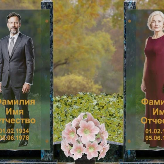 Вертикальный памятник из гранита со стеклянными панелями, гранит Блю Перл, в Якутске