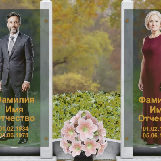 Вертикальный памятник из гранита со стеклянными панелями, мрамор Тассос, в Якутске