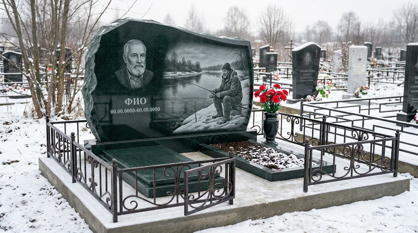 Пример дизайна: Гранитный памятник рыбаку в виде скалы с речным сюжетом