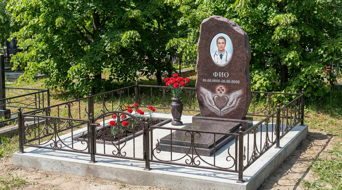 Пример дизайна: Гранитный памятник врачу в форме скалы с эмблемой врача