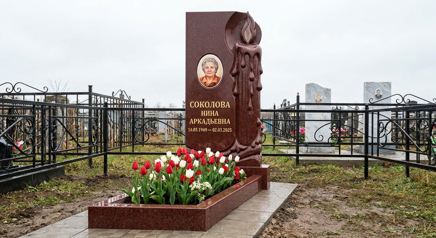 Пример дизайна: Мемориал с зажженной свечой из красного гранита